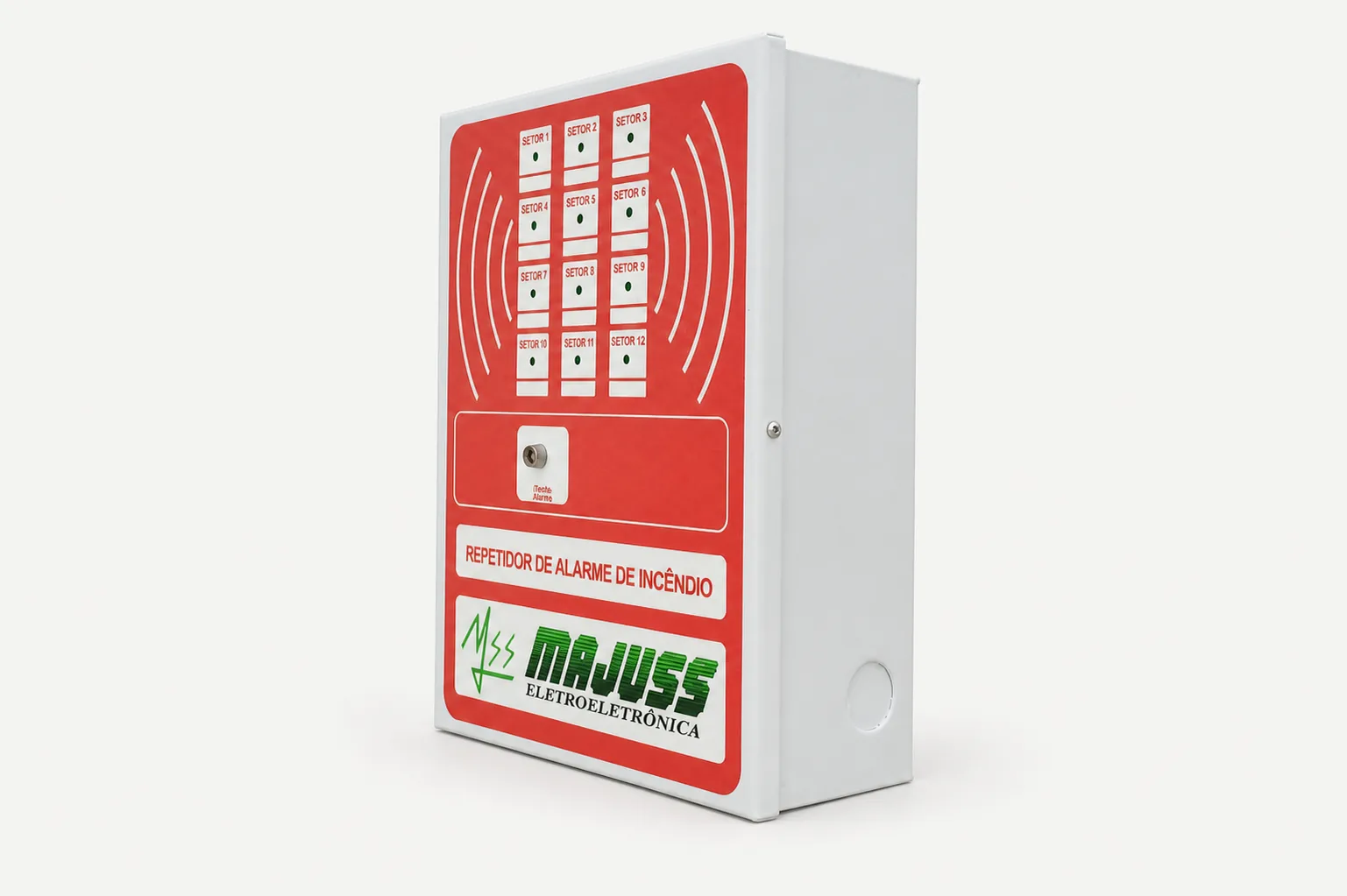 Repetidor de alarme — vista lateral, produto da Majuss Eletroeletrônica